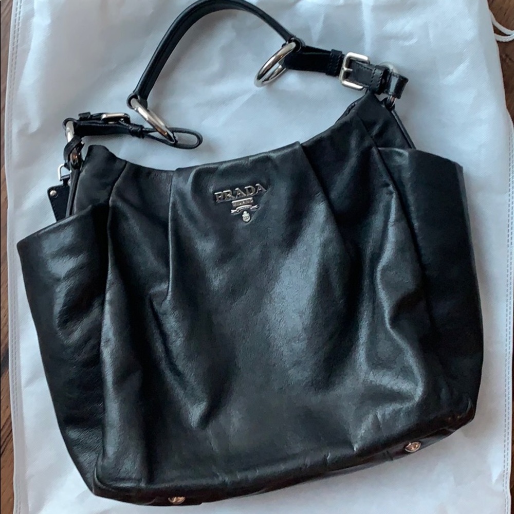 100% Authentic Black Vitello Leather Prada Hobo.